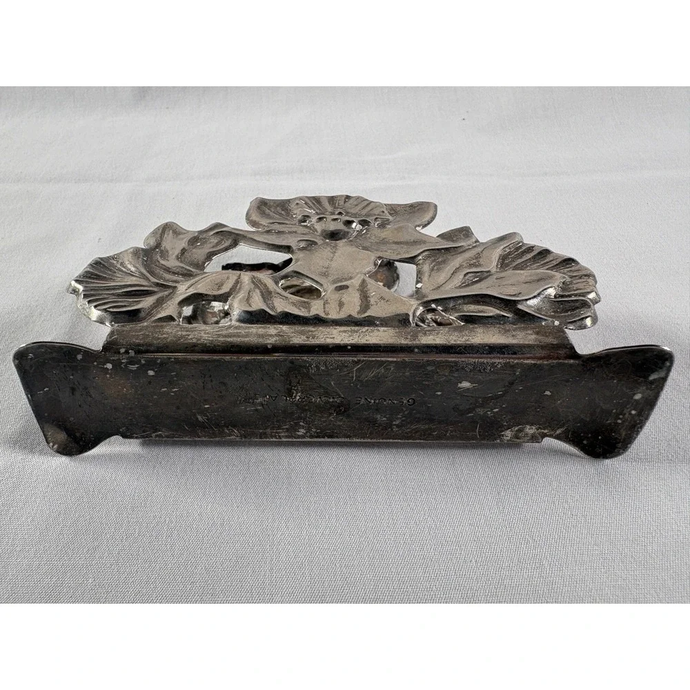 Silverplate Napkin Letter Holder Embossed Floral Motif 5x3x1 Vtg Patina READ